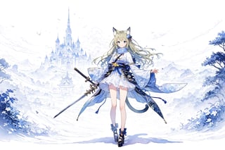 Official Art, Unity 8K Wallpaper, Extreme Detailed, Beautiful and Aesthetic, Masterpiece, Top Quality, perfect anatomy, 

1girl, solo, long hair, looking at viewer, blush, smile, bangs, blue eyes, hair ornament, long sleeves, bow, holding, animal ears, jewelry, closed mouth, standing, tail, full body, weapon, flower, white hair, earrings, japanese clothes, sword, cat ears, hair flower, wide sleeves, kimono, scarf, black footwear, holding weapon, animal ear fluff, bell, animal, cat, tassel, platform footwear, Blue-green theme, 

a beautifully drawn (((ink illustration))) depicting, vintage, PURPLE and YELLOW accents, watercolor painting, concept art, (best illustration), (best shadow), Analog Color Theme, vivid colours, contrast, smooth, sharp focus, scenery, 

(Pencil_Sketch:1.2,masterpiece, midjourney, best quality, incredibly absurdres, messy lines,high detail eyes, 