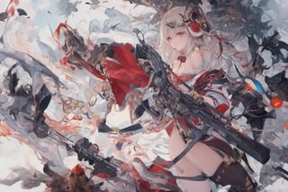 Official Art, Unity 8K Wallpaper, Extreme Detailed, Beautiful and Aesthetic, Masterpiece, Top Quality, perfect anatomy, 

1girl, solo, long hair, red eyes, thighhighs, weapon, braid, white hair, twin braids, gun, glowing, headphones, gatling gun, brown theme, woods, dusty,

a beautifully drawn (((ink illustration))) depicting, vintage, red and green accents, watercolor painting, concept art, (best illustration), (best shadow), Analog Color Theme, vivid colours, contrast, smooth, sharp focus, scenery, 

(Pencil_Sketch:1.2,masterpiece, midjourney, best quality, incredibly absurdres, messy lines,high detail eyes,More Detail,perfect light,portrait, ,more detail XL,Ukiyo-e, ,ink,colorful,samurai