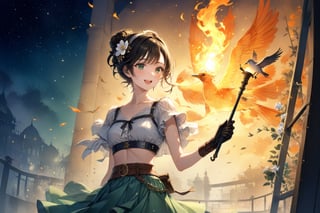 Official Art, Unity 8K Wallpaper, Extreme Detailed, Beautiful and Aesthetic, Masterpiece, Top Quality, perfect anatomy, 

1girl, solo, smile, short hair, open mouth, bangs, skirt, brown hair, black hair, hair ornament, holding, jewelry, green eyes, standing, braid, flower, hairband, outdoors, midriff, hair flower, cape, from side, blue skirt, night, fire, torch, wristband, bandaid, long skirt, holding torch, railing, blush, short sleeves, hairclip, hair bun, crop top, denim, clothes around waist, Spathodea, Melbourne, Victoria, Commonwealth of Australia, hook, fluttering bird, reincarnation, gourmet flavor, milk, caramel, bell pepper, cardamom, curious eyes, championship belt, brown leather gloves, orange theme, arena,

a beautifully drawn (((ink illustration))) depicting, vintage, green and yellow accents, watercolor painting, concept art, (best illustration), (best shadow), Analog Color Theme, vivid colours, contrast, smooth, sharp focus, scenery, 

(Pencil_Sketch:1.2,masterpiece, midjourney, best quality, incredibly absurdres, messy lines,high detail eyes,More Detail,perfect light,portrait, , ,more detail XL