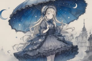 Official Art, Unity 8K Wallpaper, Extreme Detailed, Beautiful and Aesthetic, Masterpiece, Top Quality, perfect anatomy, 

1girl, solo, long hair, bangs, blonde hair, dress, bow, ribbon, holding, jewelry, standing, full body, closed eyes, pantyhose, frills, shoes, blunt bangs, star \(symbol\), blue dress, umbrella, moon, frilled dress, crescent, star \(sky\), lolita fashion, holding umbrella, petticoat, crescent moon, bonnet, constellation, blue theme,

a beautifully drawn (((ink illustration))) depicting, vintage, indigo and purple accents, watercolor painting, concept art, (best illustration), (best shadow), Analog Color Theme, vivid colours, contrast, smooth, sharp focus, scenery, 

(Pencil_Sketch:1.2,masterpiece, midjourney, best quality, incredibly absurdres, messy lines,high detail eyes,More Detail,perfect light,portrait, ,more detail XL, , greyscale,Ukiyo-e