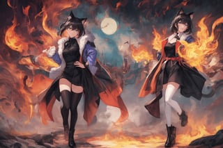 Official Art, Unity 8K Wallpaper, Extreme Detailed, Beautiful and Aesthetic, Masterpiece, Top Quality, perfect anatomy, 

1girl, solo, looking at viewer, short hair, bangs, blue eyes, black hair, thighhighs, long sleeves, dress, animal ears, standing, jacket, tail, full body, boots, black thighhighs, cat ears, black footwear, black dress, cat tail, hand on hip, shadow, pink theme, blue jacket, flames, 

a beautifully drawn (((ink illustration))) depicting, vintage, purple and yellow accents, watercolor painting, concept art, (best illustration), (best shadow), Analog Color Theme, vivid colours, contrast, smooth, sharp focus, scenery, 

(Pencil_Sketch:1.2,masterpiece, midjourney, best quality, incredibly absurdres, messy lines,high detail eyes,More Detail,perfect light,portrait, ,more detail XL,Ukiyo-e, ,ink