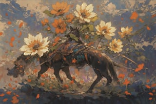 Official Art, Unity 8K Wallpaper, Extreme Detailed, Beautiful and Aesthetic, Masterpiece, Top Quality, perfect anatomy, 

flower, sky, cloud, book, petals, no humans, red flower, ground vehicle, yellow flower, orange flower, Kentucky, USA, horsehair, horse, galloping, fruity notes, apple, caramel, gold leaf, rattling wheels, fragrant paint, carrot-colored saddle,

a beautifully drawn (((ink illustration))) depicting, vintage, PURPLE and YELLOW accents, watercolor painting, concept art, (best illustration), (best shadow), Analog Color Theme, vivid colours, contrast, smooth, sharp focus, scenery, 

(Pencil_Sketch:1.2,masterpiece, midjourney, best quality, incredibly absurdres, messy lines,high detail eyes