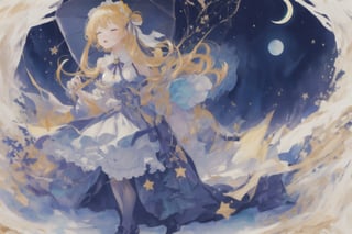 Official Art, Unity 8K Wallpaper, Extreme Detailed, Beautiful and Aesthetic, Masterpiece, Top Quality, perfect anatomy, 

1girl, solo, long hair, bangs, blonde hair, dress, bow, ribbon, holding, jewelry, standing, full body, closed eyes, pantyhose, frills, shoes, blunt bangs, star \(symbol\), blue dress, umbrella, moon, frilled dress, crescent, star \(sky\), lolita fashion, holding umbrella, petticoat, crescent moon, bonnet, constellation, blue theme,

a beautifully drawn (((ink illustration))) depicting, vintage, indigo and purple accents, watercolor painting, concept art, (best illustration), (best shadow), Analog Color Theme, vivid colours, contrast, smooth, sharp focus, scenery, 

(Pencil_Sketch:1.2,masterpiece, midjourney, best quality, incredibly absurdres, messy lines,high detail eyes,More Detail,perfect light,portrait, ,more detail XL, 