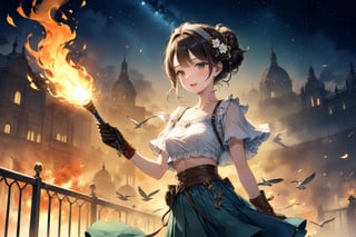 Official Art, Unity 8K Wallpaper, Extreme Detailed, Beautiful and Aesthetic, Masterpiece, Top Quality, perfect anatomy, 

1girl, solo, smile, short hair, open mouth, bangs, skirt, brown hair, black hair, hair ornament, holding, jewelry, green eyes, standing, braid, flower, hairband, outdoors, midriff, hair flower, cape, from side, blue skirt, night, fire, torch, wristband, bandaid, long skirt, holding torch, railing, blush, short sleeves, hairclip, hair bun, crop top, denim, clothes around waist, Spathodea, Melbourne, Victoria, Commonwealth of Australia, hook, fluttering bird, reincarnation, gourmet flavor, milk, caramel, bell pepper, cardamom, curious eyes, championship belt, brown leather gloves, orange theme, arena,

a beautifully drawn (((ink illustration))) depicting, vintage, green and yellow accents, watercolor painting, concept art, (best illustration), (best shadow), Analog Color Theme, vivid colours, contrast, smooth, sharp focus, scenery, 

(Pencil_Sketch:1.2,masterpiece, midjourney, best quality, incredibly absurdres, messy lines,high detail eyes,More Detail,perfect light,portrait, , ,more detail XL