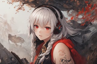 Official Art, Unity 8K Wallpaper, Extreme Detailed, Beautiful and Aesthetic, Masterpiece, Top Quality, perfect anatomy, 

1girl, solo, long hair, red eyes, thighhighs, weapon, braid, white hair, twin braids, gun, glowing, headphones, gatling gun, brown theme, woods, dusty,

a beautifully drawn (((ink illustration))) depicting, vintage, red and green accents, watercolor painting, concept art, (best illustration), (best shadow), Analog Color Theme, vivid colours, contrast, smooth, sharp focus, scenery, 

(Pencil_Sketch:1.2,masterpiece, midjourney, best quality, incredibly absurdres, messy lines,high detail eyes,More Detail,perfect light,portrait, ,more detail XL,Ukiyo-e, ,ink,colorful,samurai