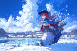 Official Art, Unity 8K Wallpaper, Extreme Detailed, Beautiful and Aesthetic, Masterpiece, Top Quality, perfect anatomy, 

1girl, solo, very long hair, bangs, blue eyes, skirt, indigo vest, long sleeves, hat, red hair, cape, hair over one eye, fur trim, indigo headwear, heterochromia, red cloak, fur-trimmed cloak, white shirt, boots, white pants, chinese clothes, bird, Tula Province, Russian Empire,
Source of life, sparkling stars, water feeder, aquatic tune, ginger, ice water, geranium, oak, impurity glass bottle, tweed cloak, Claret homemade equestrian skirt, Plateau lakes, snow mountains

a beautifully drawn (((ink illustration))) depicting, vintage, Claret and navy blue accents, watercolor painting, concept art, (best illustration), (best shadow), Analog Color Theme, vivid colours, contrast, smooth, sharp focus, scenery, 

(Pencil_Sketch:1.2,masterpiece, midjourney, best quality, incredibly absurdres, messy lines,high detail eyes,More Detail,perfect light,portrait, ,more detail XL,Ukiyo-e, ,ink,colorful,