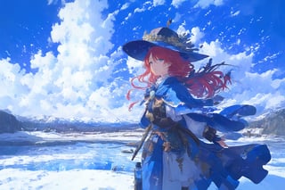 Official Art, Unity 8K Wallpaper, Extreme Detailed, Beautiful and Aesthetic, Masterpiece, Top Quality, perfect anatomy, 

1girl, solo, very long hair, bangs, blue eyes, skirt, indigo vest, long sleeves, hat, red hair, cape, hair over one eye, fur trim, indigo headwear, heterochromia, red cloak, fur-trimmed cloak, white shirt, boots, white pants, chinese clothes, bird, Tula Province, Russian Empire,
Source of life, sparkling stars, water feeder, aquatic tune, ginger, ice water, geranium, oak, impurity glass bottle, tweed cloak, Claret homemade equestrian skirt, Plateau lakes, snow mountains

a beautifully drawn (((ink illustration))) depicting, vintage, Claret and navy blue accents, watercolor painting, concept art, (best illustration), (best shadow), Analog Color Theme, vivid colours, contrast, smooth, sharp focus, scenery, 

(Pencil_Sketch:1.2,masterpiece, midjourney, best quality, incredibly absurdres, messy lines,high detail eyes,More Detail,perfect light,portrait, ,more detail XL,Ukiyo-e, ,ink,colorful,