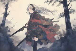 Official Art, Unity 8K Wallpaper, Extreme Detailed, Beautiful and Aesthetic, Masterpiece, Top Quality, perfect anatomy, 

1girl, solo, long hair, red eyes, thighhighs, weapon, braid, white hair, twin braids, gun, glowing, headphones, gatling gun, brown theme, woods, dusty,

a beautifully drawn (((ink illustration))) depicting, vintage, brown and green accents, watercolor painting, concept art, (best illustration), (best shadow), Analog Color Theme, vivid colours, contrast, smooth, sharp focus, scenery, 

(Pencil_Sketch:1.2,masterpiece, midjourney, best quality, incredibly absurdres, messy lines,high detail eyes,More Detail,perfect light,portrait, ,more detail XL,Ukiyo-e, ,ink,colorful,samurai