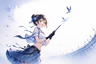 Official Art, Unity 8K Wallpaper, Extreme Detailed, Beautiful and Aesthetic, Masterpiece, Top Quality, perfect anatomy, 

1girl, solo, smile, short hair, open mouth, bangs, skirt, brown hair, black hair, hair ornament, holding, jewelry, green eyes, standing, braid, flower, hairband, outdoors, midriff, hair flower, cape, from side, blue skirt, night, fire, torch, wristband, bandaid, long skirt, holding torch, railing, blush, short sleeves, hairclip, hair bun, crop top, denim, clothes around waist, Spathodea, Melbourne, Victoria, Commonwealth of Australia, hook, fluttering bird, reincarnation, gourmet flavor, milk, caramel, bell pepper, cardamom, curious eyes, championship belt, brown leather gloves, orange theme, arena,

a beautifully drawn (((ink illustration))) depicting, vintage, green and yellow accents, watercolor painting, concept art, (best illustration), (best shadow), Analog Color Theme, vivid colours, contrast, smooth, sharp focus, scenery, 

(Pencil_Sketch:1.2,masterpiece, midjourney, best quality, incredibly absurdres, messy lines,high detail eyes,More Detail,perfect light,portrait, , 