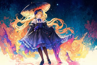 Official Art, Unity 8K Wallpaper, Extreme Detailed, Beautiful and Aesthetic, Masterpiece, Top Quality, perfect anatomy, 

1girl, solo, long hair, bangs, blonde hair, dress, bow, ribbon, holding, jewelry, standing, full body, closed eyes, pantyhose, frills, shoes, blunt bangs, star \(symbol\), blue dress, umbrella, moon, frilled dress, crescent, star \(sky\), lolita fashion, holding umbrella, petticoat, crescent moon, bonnet, constellation, 

a beautifully drawn (((ink illustration))) depicting, vintage, indigo and purple accents, watercolor painting, concept art, (best illustration), (best shadow), Analog Color Theme, vivid colours, contrast, smooth, sharp focus, scenery, 

(Pencil_Sketch:1.2,masterpiece, midjourney, best quality, incredibly absurdres, messy lines,high detail eyes,More Detail,perfect light,portrait, ,more detail XL, 