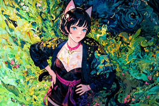 Official Art, Unity 8K Wallpaper, Extreme Detailed, Beautiful and Aesthetic, Masterpiece, Top Quality, perfect anatomy, 

1girl, solo, looking at viewer, short hair, bangs, blue eyes, black hair, thighhighs, long sleeves, dress, animal ears, standing, jacket, tail, full body, boots, black thighhighs, cat ears, black footwear, black dress, cat tail, hand on hip, shadow, pink theme, blue jacket, flames, 

a beautifully drawn (((ink illustration))) depicting, vintage, purple and yellow accents, watercolor painting, concept art, (best illustration), (best shadow), Analog Color Theme, vivid colours, contrast, smooth, sharp focus, scenery, 

(Pencil_Sketch:1.2,masterpiece, midjourney, best quality, incredibly absurdres, messy lines,high detail eyes,More Detail,perfect light,portrait, ,more detail XL,Ukiyo-e, ,ink