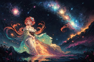 A serenely drifting Solarpunk galactic nomad, exuding tranquility and harmony amidst the stars. This game concept art is a digital painting, showcasing the character floating in a shimmering nebula. Their ethereal presence is highlighted by glowing flora woven into their flowing robes, reflecting the vibrant hues of distant planets in their skin. Each intricate detail is rendered with stunning clarity, immersing the viewer in a world of cosmic beauty and peace.,(Pencil_Sketch:1.2,masterpiece, messy lines,best quality