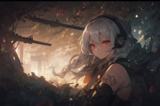 Official Art, Unity 8K Wallpaper, Extreme Detailed, Beautiful and Aesthetic, Masterpiece, Top Quality, perfect anatomy, 

1girl, solo, long hair, red eyes, thighhighs, weapon, braid, white hair, twin braids, gun, glowing, headphones, gatling gun, brown theme, woods, dusty,

a beautifully drawn (((ink illustration))) depicting, vintage, red and green accents, watercolor painting, concept art, (best illustration), (best shadow), Analog Color Theme, vivid colours, contrast, smooth, sharp focus, scenery, 

(Pencil_Sketch:1.2,masterpiece, midjourney, best quality, incredibly absurdres, messy lines,high detail eyes,More Detail,perfect light,portrait, ,more detail XL,Ukiyo-e, ,ink,colorful,samurai