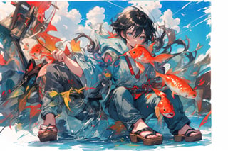 Official Art, Unity 8K Wallpaper, Extreme Detailed, Beautiful and Aesthetic, Masterpiece, Top Quality, perfect anatomy, 

solo, short hair, black hair, 1boy, holding, sitting, male focus, outdoors, japanese clothes, sky, day, pants, clouds, water, blue sky, tattoo, sandals, fish, grey pants, fishing rod, fishing, holding fishing rod, fishing line, blue theme, 

a beautifully drawn (((ink illustration))) depicting, vintage, purple and yellow accents, watercolor painting, concept art, (best illustration), (best shadow), Analog Color Theme, vivid colours, contrast, smooth, sharp focus, scenery, 

(Pencil_Sketch:1.2,masterpiece, midjourney, best quality, incredibly absurdres, messy lines,high detail eyes,More Detail,perfect light,portrait, ,more detail XL,Ukiyo-e, ,ink