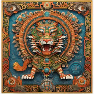 Quetzalcoatl in Quantum Folk Art
style, featuring tiger
traditional motifs influenced by quantum
mechanics