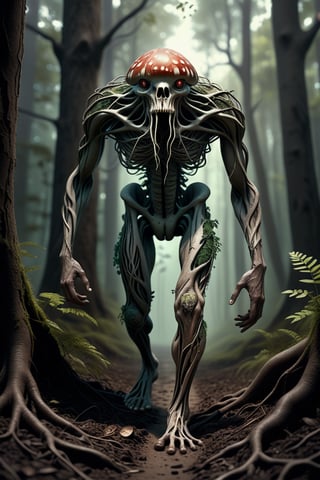 Create a hyper-realistic image of a mystical forest creature walking down a forest path with darker soil and visible tree roots, surrounded by foliage, with bite marks on its body, visible veins on the neck, a serious and frightening facial expression, sharp, intimidating eyes, humanoid features, elements resembling mushrooms and intertwined roots, tattoos, mechanical parts, and bioluminescent plants, set in a serene and dreamy natural environment, with sharper shadows on the tree roots.
