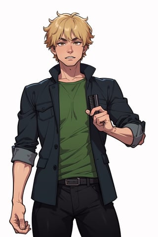 1boy, (solo:1.2), (standing:1.3), (interacting:1.3), (cowboy shot:1.5), (muscular:1.2), standing , (masterpiece:1.3), (best quality:1.3), (perfect anatomy:1.4), highly detailed, daylight, summer, denji, yellow-brown eyes,blonde hair,  agawa, vibrant colors, warm palette, expressive, solid shading, clean lineart,looking_at_viewer,pov_eye_contact,frong_view,no background,white background,denji,white shirt,black tie,black pant,sharp_teeth,male,boy,short-hair 