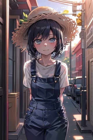 masterpiece, best quality, (solo:1.3),loli,golden hour lighting,street corner,big straw hat,arms_behind_back,dungarees only,,black_hair,looking_at_viewer,