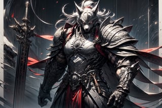 A character design concept for a medieval-themed fantasy world featuring magic. The protagonist is a 28-year-old werewolf with grey-white fur and sharp, golden eyes. Adorned in leather armor with intricate designs and emblems, they possess a muscular and imposing physique. Positioned centrally, surrounded by depictions of weaponry, attributes, skills, magic, and related items in a fictional language. The artwork is presented in ultra-high definition, depicting a fantastical w