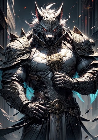 A character design concept for a medieval-themed fantasy world featuring magic. The protagonist is a 28-year-old werewolf with grey-white fur and sharp, golden eyes. Adorned in leather armor with intricate designs and emblems, they possess a muscular and imposing physique. Positioned centrally, surrounded by depictions of weaponry, attributes, skills, magic, and related items in a fictional language. The artwork is presented in ultra-high definition, depicting a fantastical w