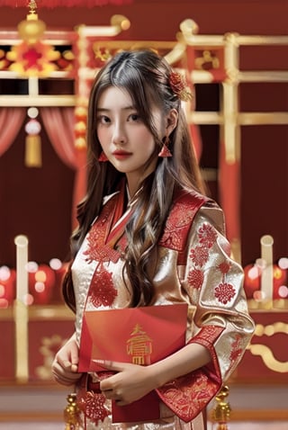 long hair,  jewelry,  1girl,  looking at viewer,  ((blurry background)), 26 year-old girl,red envelope, new year set,firecracker,red lantern,festival