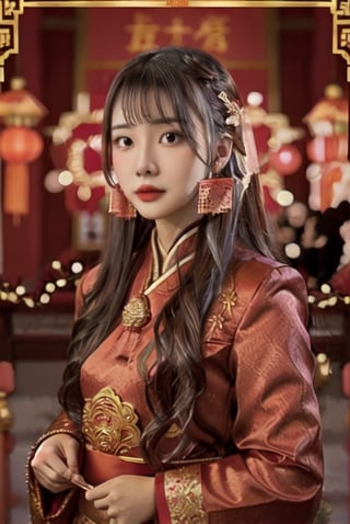 long hair,  jewelry,  1girl,  looking at viewer,  ((blurry background)), 26 year-old girl,red envelope, new year set,firecracker,red lantern,festival