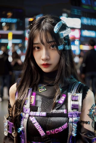 long hair,  jewelry,  1girl,  looking at viewer,  ((blurry background)), 26 year-old girl,cyberpunk style,cyberpunk suit