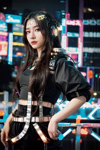 long hair,  jewelry,  1girl,  looking at viewer,  ((blurry background)), 26 year-old girl,cyberpunk style,cyberpunk suit