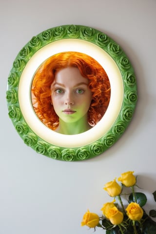 a green mirror with a circular mirror with a white ceramic frame, in the mirror a woman with red curly hair is reflected, she has large green eyes. From the ceramic of the mirror comes a yellow rose that casts a shadow on the wall.