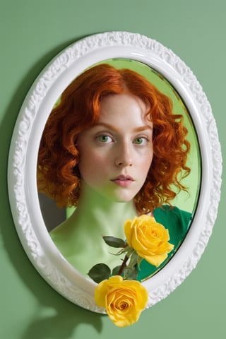 a green mirror with a circular mirror with a white ceramic frame, in the mirror a woman with red curly hair is reflected, she has large green eyes. From the ceramic of the mirror comes a yellow rose that casts a shadow on the wall.