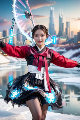 Korean girl, fan dancing, on the ice river with a view of the city, gothic cyber style hanbok outfit, petite and cute face, smile, messy_hair, bangs, Futuristic, innovative, technology, morden light, photo, realistic, Knee shot, Portrait, White Balance, 7 blades aperture, best quality, 4k