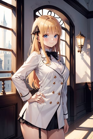 window, castle, (ultra detailed), masterpiece, breasts, best quality, aesthetics, detailed, alone, soft smile, light smile, 1 girl, blue eyes, (long hair), (yellow hair), sensual, (big breasts, formed chest, 1girl, (different poses, (blush),  Hair intakes, curvy, Slender, anime, girl, sexy, cute, upper torso, Slender fingers, perfect anatomy, extremely detailed, (perfect hands, perfect anatomy), (hand on hip), luxury room, royalty room,JulietPersia, bangs, juliet persia, long hair, bangs, blue eyes, blonde hair, black ribbon, side black bow, side hair ribbon, side hair bow,JulietPersia, blonde eyelashes, perfect fingers , (JulietSchoolUniform), hair ribbon, 1girl, solo, smile, (white jacket, black skirt), royal hallway, european architecture