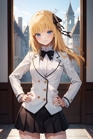 window, castle, (ultra detailed), masterpiece, breasts, best quality, aesthetics, detailed, alone, soft smile, light smile, 1 girl, blue eyes, (long hair), (yellow hair), sensual, (big breasts), formed chest, 1girl, (different poses, (blush),  Hair intakes, curvy, Slender, anime, girl, sexy, cute, upper torso, Slender fingers, perfect anatomy, extremely detailed, (perfect hands, perfect anatomy), (hand on hip), luxury room, royalty room,JulietPersia, bangs, juliet persia, long hair, bangs, blue eyes, blonde hair, black ribbon, side black bow, side hair ribbon, side hair bow,JulietPersia, blonde eyelashes, perfect fingers , (JulietSchoolUniform), hair ribbon, 1girl, solo, smile, (white jacket, black skirt), royal hallway, european architecture, (Juliet Persia)
