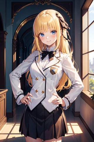 window, castle, (ultra detailed), masterpiece, breasts, best quality, aesthetics, detailed, alone, soft smile, light smile, 1 girl, blue eyes, (long hair), (yellow hair), sensual, (big breasts), formed chest, 1girl, (different poses, (blush),  Hair intakes, curvy, Slender, anime, girl, sexy, cute, upper torso, Slender fingers, perfect anatomy, extremely detailed, (perfect hands, perfect anatomy), hand on hip, luxury room, royalty room,JulietPersia, bangs, juliet persia, long hair, bangs, blue eyes, blonde hair, black ribbon, side black bow, side hair ribbon, side hair bow,JulietPersia, blonde eyelashes, perfect fingers , (JulietSchoolUniform), hair ribbon, 1girl, solo, smile, (white jacket, black skirt), royal hallway, european architecture, (Juliet Persia)