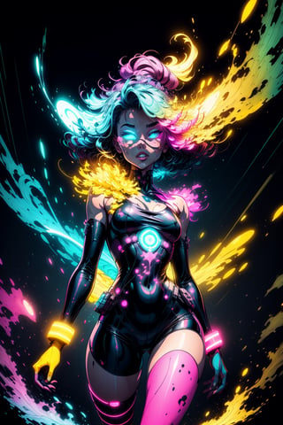 bold neon colors, cartoon style illustration of a Work process of UX Design as she sees the world while experiencing hallucinations, stoned, splash art, splashed neon colors, (iridiscent glowy smoke) ((motion effects)), best quality, wallpaper art, UHD, centered image, sexy cosmic godess, MSchiffer art, ((flat colors)), (cel-shading style) very bold neon colors, ((high saturation)) ink lines, psychedelic environment,1 vesus 1