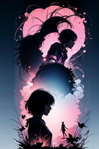 (silhouette:1.25), 1girl, dark background, blacklight, mid shot, full body, somber expression, looking  down, dark energy, vibrant magenta, portal to another world, flat color, flat shading, ultra realistic, highres, superb, 8k wallpaper, extremely detailed, intricate, limited palette, pink,

T shirt design