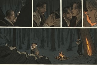 Comic panels, forest, a man and a woman, night, bonfire, illustration by jean-pierre Gibrat, embrace, close-up, overhead, multiple angles
