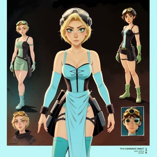 character sheet illustration, female space warrior, role play character, full body, science fiction, illustration, turnaround sheet, futuristic clothing, futuristic armor, eye contact, looking at viewer, short blonde hair, goggles, green eyes, black and cyan dress, illustration