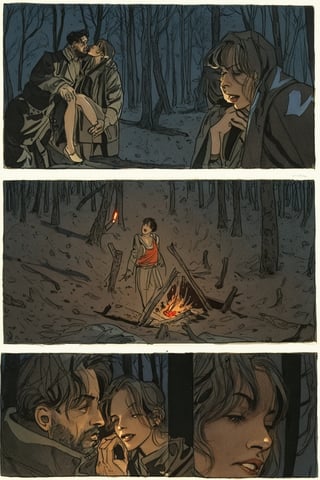 Comic panels, forest, a man and a woman, night, bonfire, illustration by jean-pierre Gibrat, embrace, close-up, overhead, multiple angles, soldiers