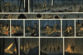 Comic panels, forest, soldiers and women, night, bonfire, illustration by jean-pierre Gibrat 