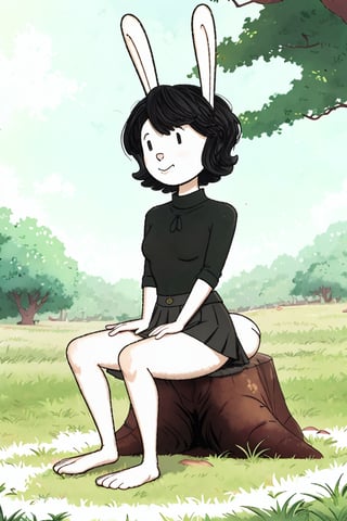 _r4b_, outdoors, seated, black skirt, barefoot, turtleneck, tree, grass