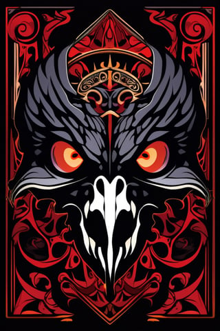 Byzantine-style image, vector that portrays the menacing gaze of a diabolical black crow skull, its eyes blazing with a fiery red, set against a backdrop of bones and chaos, evoking a sense of destruction and malevolence. In the Byzantine tradition, infuse the scene with rich and opulent colors, ornate details, and intricate patterns.