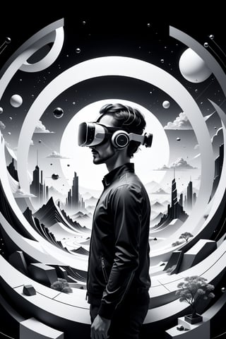 Visualize an intriguing (((illustration))) in a ((line art, monochrome style)) for a modern worker immersed in a (virtual reality) setting. The scene now transports the viewer to an abstract digital landscape, with swirling patterns and ((geometric shapes)) composing the backdrop. The central figure stands out with detailed ((bold lines)) and soft shading, wearing a VR headset, suggesting a mix of focus and fascination. Surrounding them, advanced virtual elements like floating screens and holographic displays blend seamlessly with the futuristic environment. The monochrome palette gives the image a timeless quality, while the clean design aesthetic reflects a modern touch. This advanced illustration invites the viewer to contemplate the boundless potential of virtual exploration and creativity, presented in a compelling flat vector style with (text: "PORTFOLIO":1.2)