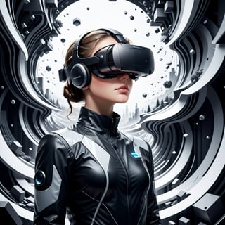 Visualize an intriguing (((illustration))) in a ((line art, monochrome style)) for a modern worker immersed in a (virtual reality) setting. The scene now transports the viewer to an abstract digital landscape, with swirling patterns and ((geometric shapes)) composing the backdrop. The central figure stands out with detailed ((bold lines)) and soft shading, wearing a VR headset, suggesting a mix of focus and fascination. Surrounding them, advanced virtual elements like floating screens and holographic displays blend seamlessly with the futuristic environment. The monochrome palette gives the image a timeless quality, while the clean design aesthetic reflects a modern touch. This advanced illustration invites the viewer to contemplate the boundless potential of virtual exploration and creativity, presented in a compelling flat vector style.