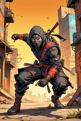 A striking (((graffiti-style ninja))), intricate details and (vivid colors) converging in a ((dynamic crouch)), ready to strike with skill and stealth against an (urban streetscape backdrop) brimming with (expressive stylization)
