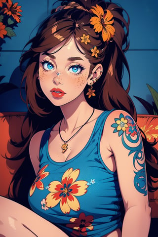 1girl, solo, long hair, looking at viewer, blue eyes, brown hair, shirt, jewelry, upper body, ponytail, tanktop, earrings, parted lips, arm up, lips, head tilt, tattoo, floral print, freckles, realistic, nose, red lips, arm tattoo, print shirt, flower tattoo, lay down on sofa