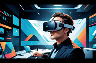 Visualize an imaginative (((flat vector illustration))), depicting a cutting-edge office environment of the future. Focus on a close-up of a modern worker wearing a VR headset, with their face partly obscured. The scene exudes sleek technology and innovation, with clean lines, bold colors, and simplified shapes. The worker's expression suggests intense concentration or wonder as they interact with the virtual world, surrounded by floating screens, holographic displays, and virtual tools, all intricate details in (((flat vector style)))