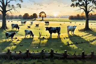 Paint a serene countryside farm at dawn, cows in pasture, oak trees, chickens, inspired by Andrew Wyeth's realistic style.