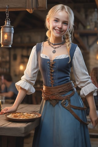 1girl, petite, (((10 years old))), beautiful realistic slim girl, 8k masterpiece, ultra-realistic, UHD, highly detailed, best quality,
full_body, flat chest, bright smile, blonde hair, light blue eyes, dynamic pose, 
anklets, bracelets, necklace, medieval Tavern girl outfit, Medieval Tavern, guests, 