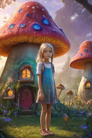 1 Little Elfin girl,10 years old,(slender), high resolution, detailed, standing outside giant psychedelic mushroom house, detailed eyes